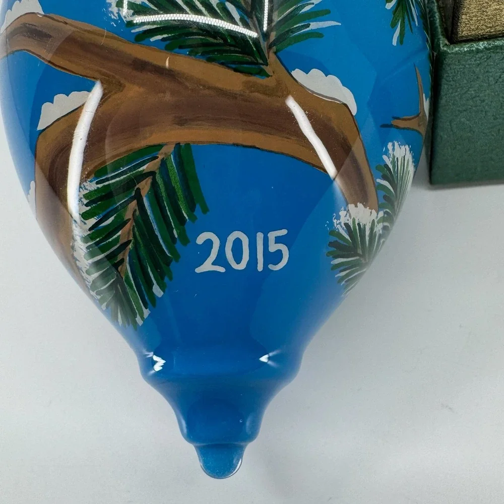 Pier 1 Li Bien Snow Owl Ornament 2015 Hand Painted Glass Blue Christmas Boxed